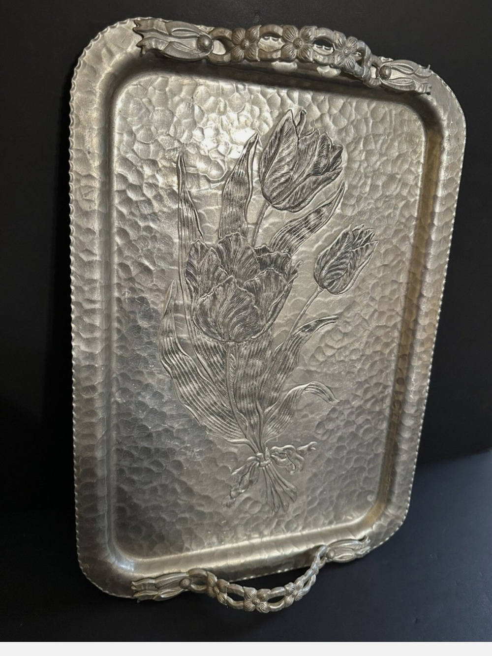Vintage Rodney Kent Hand Wrought Aluminum Serving Tray Floral Tulip Handle